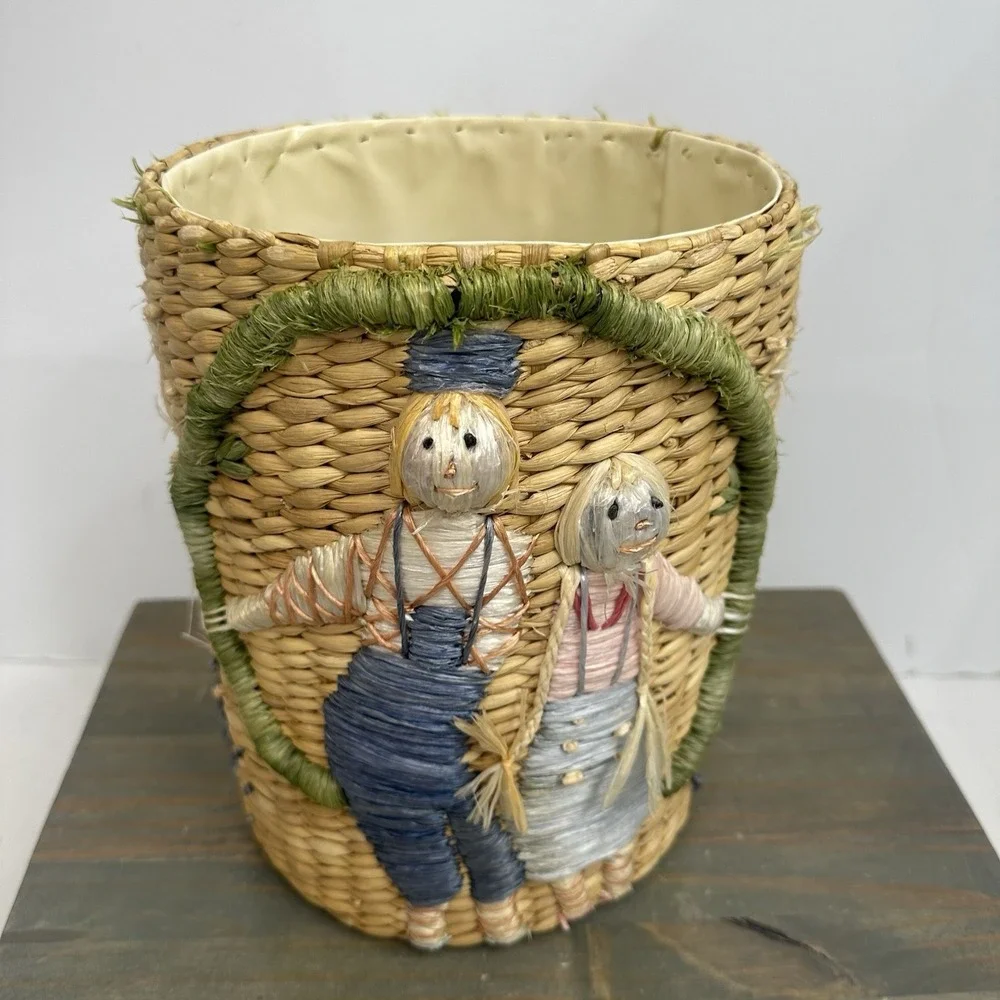 Vintage Woven Straw Raffia Lined Basket Embroidered Scarecrow Whimsical Fall